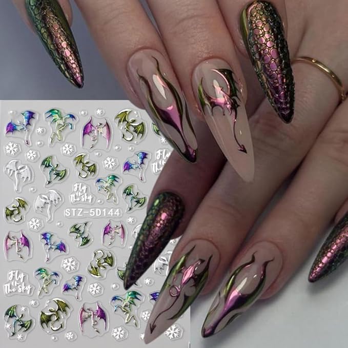 Halloween Nail Stickers 5D Metallic Dragon Snowflake Nail Art Stickers 2PCS Laser Silver Gold Bronzing 3D Fly Theme Design Self-Adhesive Winter Nail Decals Accessories for Holiday Nail Art Decorations