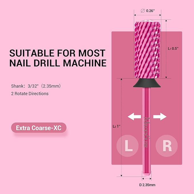 MelodySusie Large Barrel 3/32'' Tungsten Carbide Nail Drill Bit, Crystal Top Pink Heart Shape, Fast Remove Acrylic Gel, Cuticle Gel Polishing for Manicure Pedicure, Pink Blossom, Series Bit-S, XC