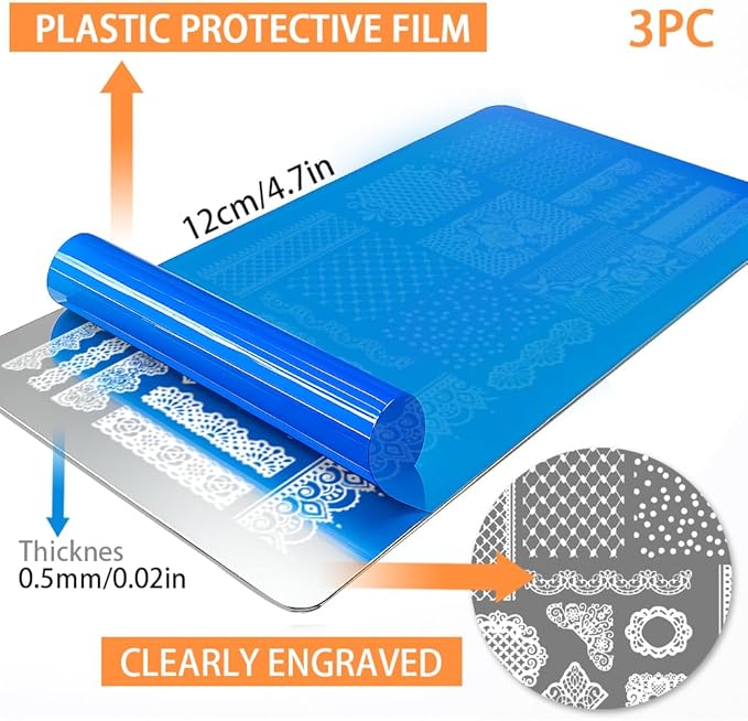 PH PandaHall 3pcs Lace Pattern Nail Stamping Plates Flower Lace Nail Art Templates Retro Laces Border Nails Design Stamp Stainless Steel Nails Image Plates for Women Manicures Salon Design Printing