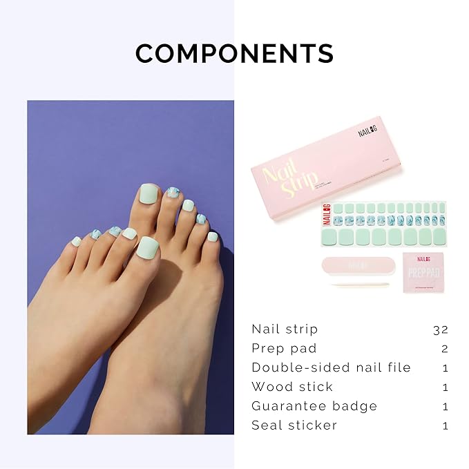 NAILOG Semi Cured Gel Nail Strips, Toe Nail Polish Strips with Glossy Gel Finishing | Buy 3 Get 1 UV Lamp| 32 Pieces Long Lasting Pedi Stickers| Baby Blue