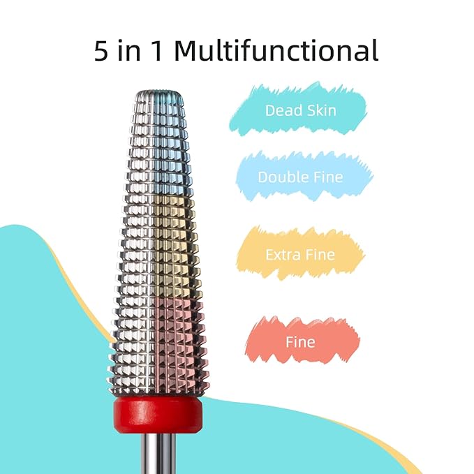 Fine Long 5 in 1 Nail Drill Bits, 20mm Tapered Carbide Nail Bit, Straight Cut Safety Drill Bits for Nails, 3/32 Two-way, Electric Manicure Drills Accessories