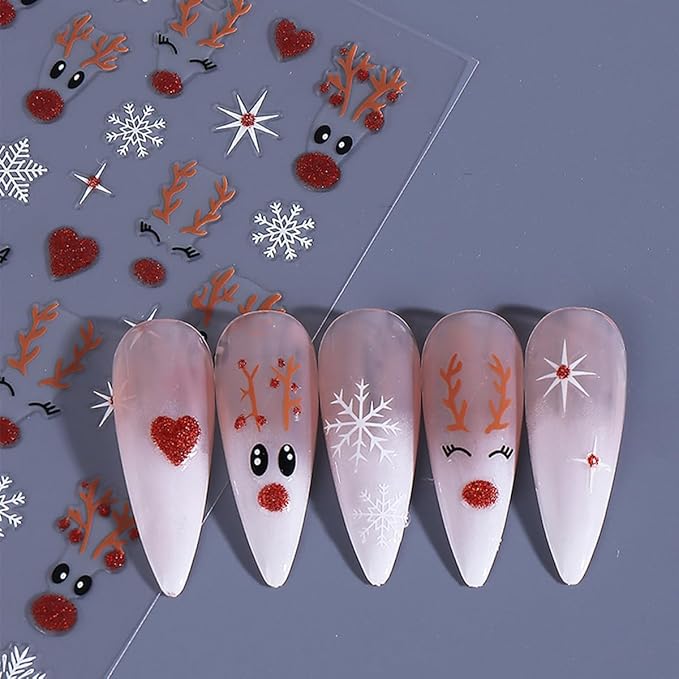 Christmas Nail Art Stickers Decals Deer Snowflake Design 3D Self-Adhesive Xmas Nail Decals Nail Art Supplies Cute Cartoon Glitter Nose Deer Snowflakes Holiday Stickers for Nails Manicure Decorations