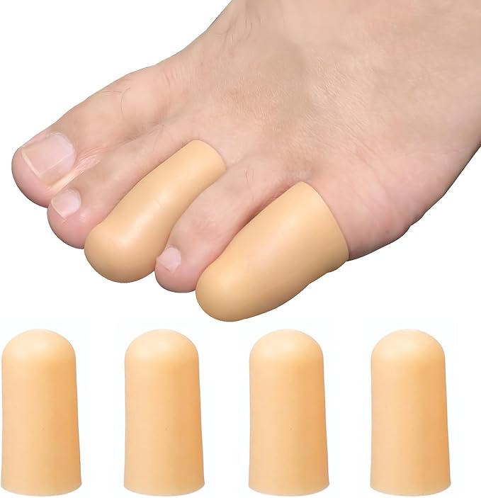 4 Pack Gel Toe Cap and Protector for Small Toe - Cushions and Protects, Toe Covers for Women & Men, Provides Relief from Missing or Ingrown Toenails, Corns, Blisters, Hammer Toes (Small, Beige)