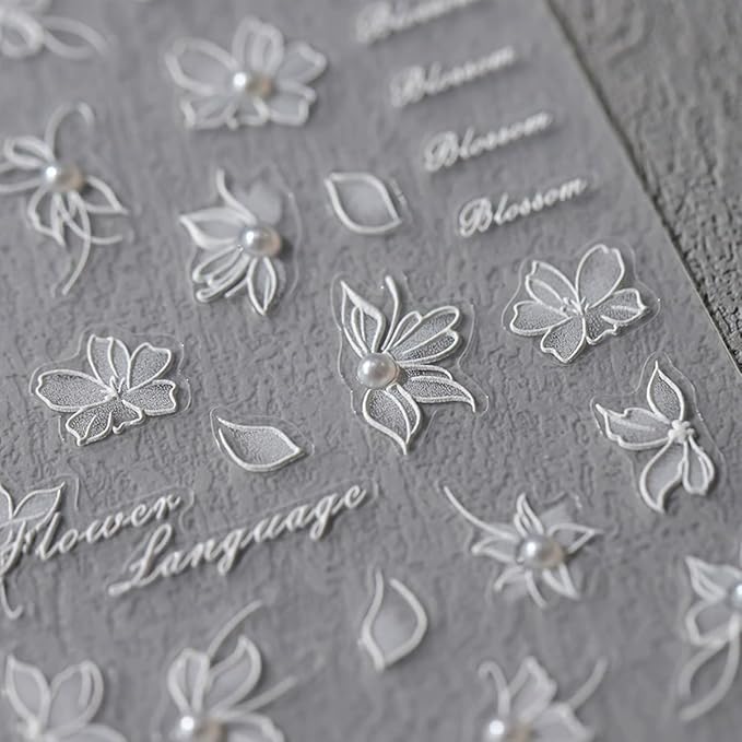 5D Embossed Flower Nail Stickers White Floral Nail Art Stickers Self-Adhesive Pearls Nails Decalsb Spring Summer Nail Art Design Supplies for Women Girls Nails Manicure Decoration