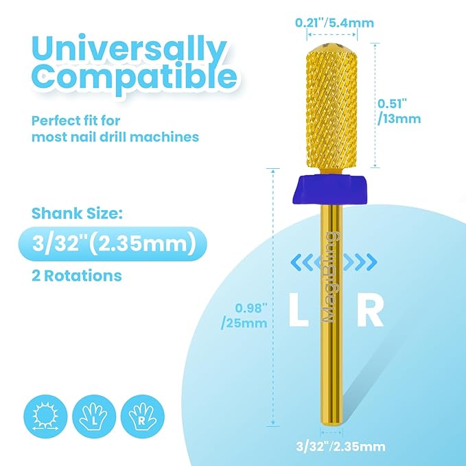 Small Barrel Nail Drill Bits Round Top, 3/32'' Safety Tungsten Carbide Bits, Two-way Rotation, Suitable for Manicure Pedicure Cuticle Gel Polishing, Technicians Bits, Grit: Medium