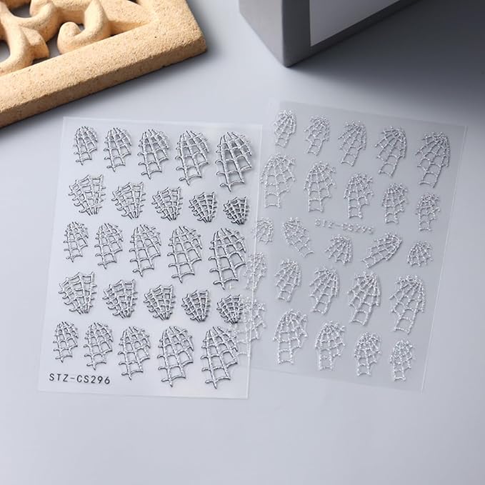 Spider Web Nail Art Stickers 3D Self-Adhesive Halloween Nail Decals 6PCS Glitter Sliver Spider Web Halloween Nails Design Manicure Supply Transfer Sliders for Women Holiday DIY Nail Art Decorations