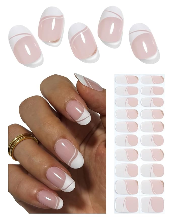 Semi Cured Gel Nail Strips, Irregular French, Glitter 20pcs Gel Nails Sticker for Home Nails DIY