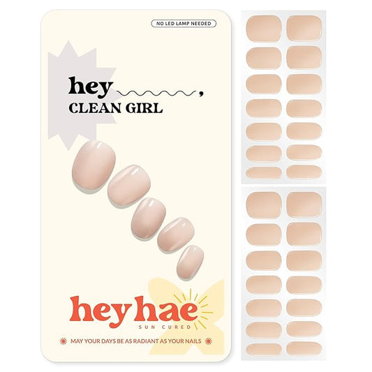 Heyhae Semi Cured Gel Nail Strips | Spring Nails No LED Lamp Needed Easy Apply & Remove | Includes 28 strips, 1 Prep Pad, 1 Nail File & 1 Wooden Stick - Hey, Clean Girl