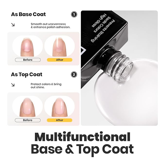 Beetles Nail Polish Top Coat and Base Coat Set Pearl Pink Fast Drying & Long Lasting Shine Nail Polish 2 IN 1 Protects Nails Enhances Glossy and Nourishes Nails for Women