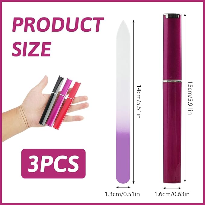 3 Pack Glass Nail File, Crystal Double-Sided Mixed Color Fingernail Files for Natural Nails, Professional Reusable Czech Glass File for Women Girls Manicure Care Christmas Gifts Stocking Stuffers