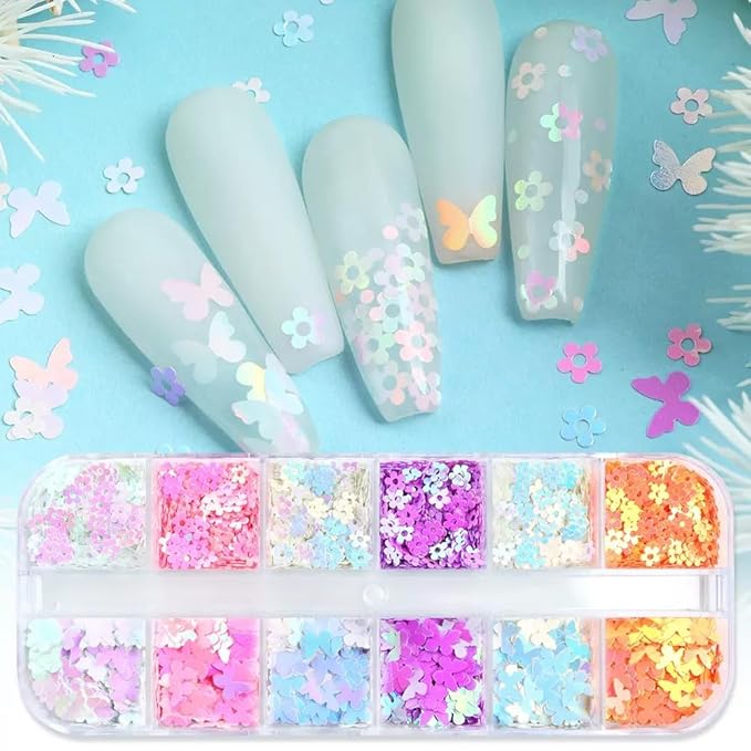 Flower Glitter Nail Sequins,3 Boxes Holographic Flower Heart Nail Art Flakes Pink Purple Glitter Sticker Decals Butterfly Nail Sequins Manicure DIY Spring Decorations 36 Styles