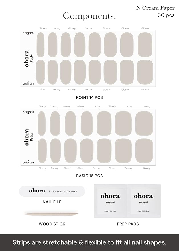 ohora Semi Cured Gel Nail Strips (N Cream Paper) - Nude, Solid, Works with Any UV/LED Lamps, Salon-Quality, Long Lasting, Easy to Apply & Remove - Includes 2 Prep Pads, Nail File & Wooden Stick
