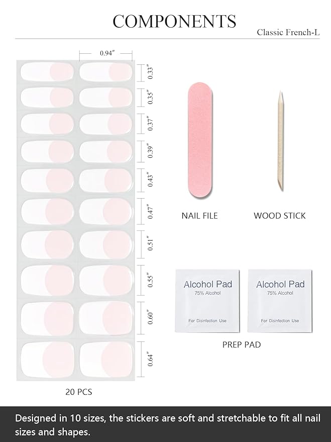 Semi Cured Gel Nail Strips (Classic French-L), White French Tip, 20 Pcs Gel Nail Wraps, Stickers, UV Light Required, Salon Quality, Long Lasting