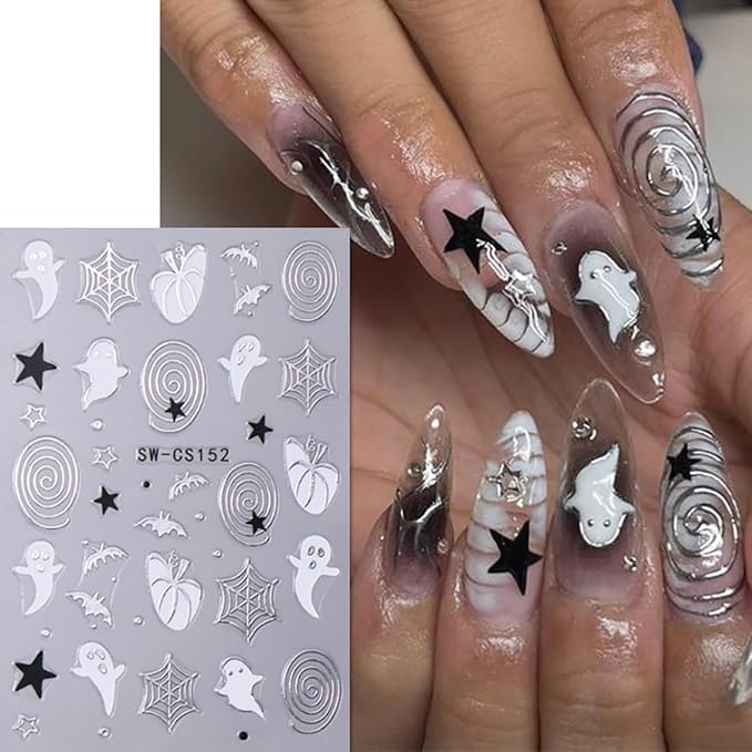 Halloween Nail Stickers, 3D Self-Adhesive Cute Ghost Nail Art Decals, DIY Holiday Nail Decoration Supplies Charms for Women and Girls, Autumn Nail Art, 6 Sheets