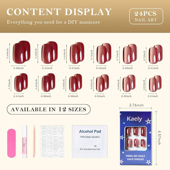Red Cat Eye Press on Nails Medium Square, Medium Square Press Glue on Nails Chrome for Women Gift, Red Holographic Glitter Glossy Reusable Soft Gel Acrylic Fake Nail with Designs Cateye Effect