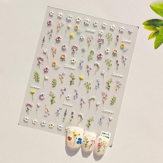 Flower Nail Stickers 5D Embossed Flower Nails Art Decals Self Adhesive Nail Decals Spring Summer Nail Decoration for Women DIY Manicure