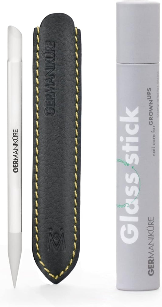 GERMANIKURE Clear Glass Cuticle Stick in Leather Sleeve - Ethically Made in Czech Republic - Cuticle Pusher & Remover, Callous & Dry Skin Fingertip File, Nail Shaper