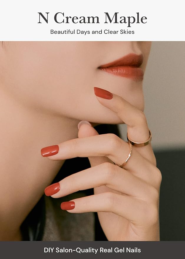 ohora Semi Cured Gel Nail Strips (N Cream Maple) - Red, Solid, Works with Any UV/LED Lamps, Salon-Quality, Long Lasting, Easy to Apply & Remove - Includes 2 Prep Pads, Nail File & Wooden Stick