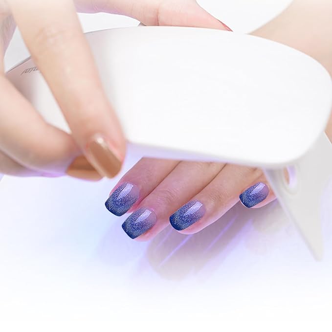 WOKOTO 1 Sheet Semi Cured Gel Nail Strips With Wood Stick, Nail File & Prepared Pads, 20 Tips Cat Eye French Semi Cured Nail Polish Strips, Harden With UV Light Gel Nail Wraps Stickers For Women