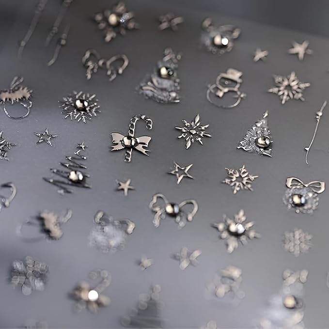 Christmas Nail Art Stickers 5D Embossed Self Adhesive Silver Christmas Nail Stickers with Rhinestone Design Star Xmas Tree Snowflake Nail Decals for Women Girls Nail Supplies Manicure DIY