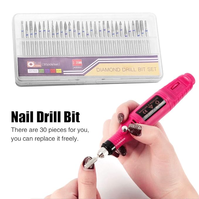 30Pcs 3/32“ Russian Manicure Drill Bits for Nails Kit,Metal Nail Drill Bits with Case for Most Electric Manicure Machines