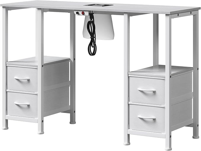 Manicure Table for Nail Tech, Nail Tech Table Station w/4 Storage Drawers & 2 Open Shelves, Nail Table w/Dust Collector for Beauty Salon Tech Station (White)