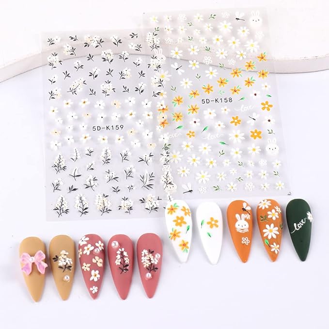 5D Embossed Daisy Flower Nail Art Stickers - Black White Floral Nail Decals 3D Self-Adhesive Nail Art Supplies Spring Blossom Leaf Bunny Nail Stickers for Women Acrylic Nails Art Decorations, 3Sheets