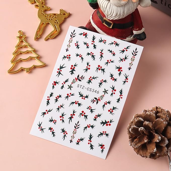 Christmas Nail Art Stickers Green Nail Decals with Green Leaves Red Beans Design 3D Self-Adhesive Nail Stickers Acrylic Accessories Nail Supplies for Women DIY Christmas Decorations 4 Sheets