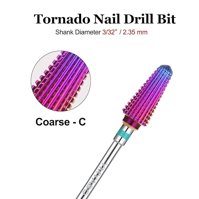 Nail Drill Bit,Professional 3/32" Purple Tornado Carbide Tungsten Multifunction Bits， Fast Remove for Hard Gel and Acrylic, Manicure Pedicure Cuticle Nail Polishing Tool-Coarse