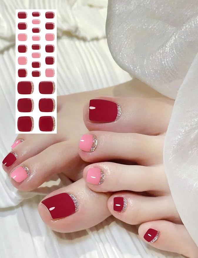 Semi Cured Gel Toenail Strips, 26 Pink Gel Toe Nail Stickers, Works with Any UV Lamps