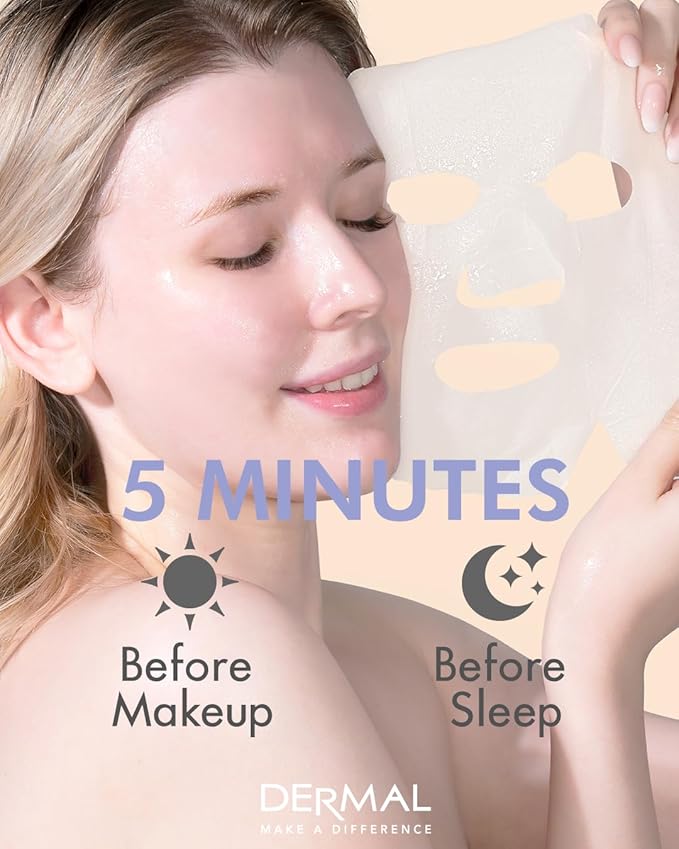 DERMAL Arbutin Collagen Essence Facial Mask Sheet 23g Pack of 10 - Anti Aging for Troubled Skin, Daily Skin Treatment Solution Sheet Mask