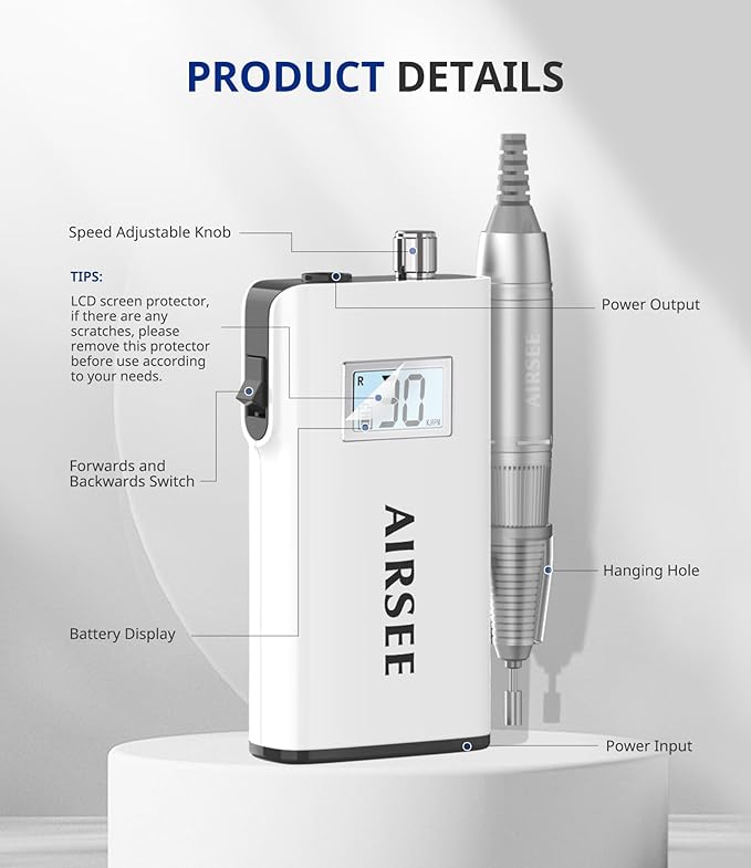 AIRSEE Rechargeable 30000RPM Electric Nail Drill Professional Portable E File Machine for Acrylic Nail Natural Extension Gel Nails Polish Cuticle, Cordless High Speed for Salon Home Use E8 White