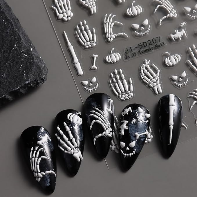 Halloween Nail Art Stickers 5D Embossed Rose Skeleton Nail Decals 3PCS Gold Rose Gold White Fantasy Bone Pumpkin Bat Design Halloween Nail Stickers Supply for Women Holiday Manicure Nail Decorations