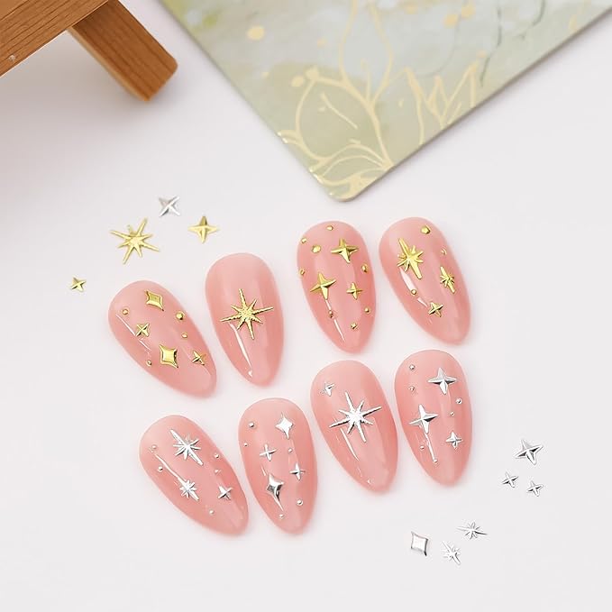 400Pcs 3D Gold Silver Star Nail Art Charms Metallic Studs Rhinestones Bling Gems Decorations Manicure Kit Art Supplies Accessories for Women Girls Acrylic Nails