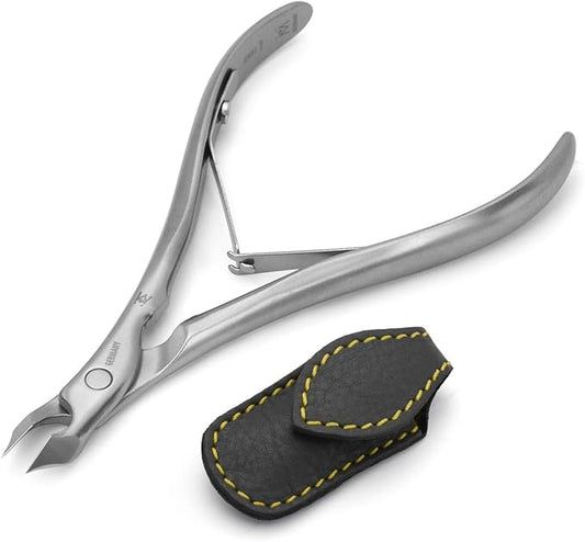 GERMANIKURE Tower Point Cuticle Trimmer - 3/4 Full Jaw Nipper - Ethically Made in Germany - FINOX Stainless Steel Professional Sharp Cuticle Remover in Leather Case – Manicure Tool, r147, 7mm