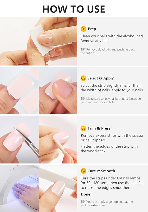 Semi Cured Gel Nail Strips (Pink Diamond), 20 Pcs Gel Nail Wraps, Stickers, UV Light Required, Salon Quality, Long Lasting