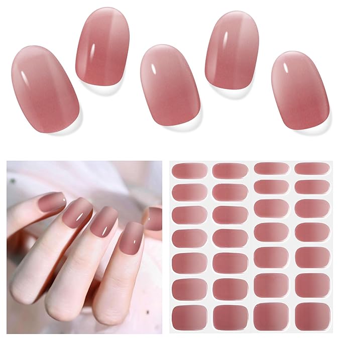 Semi Cured Gel Nail Strips, 28 pcs Gel Nail Stickers, Work with Any UV Lights, Long-Lasting Nail Wraps, Stick on Nails for women Easy to Apply & Remove
