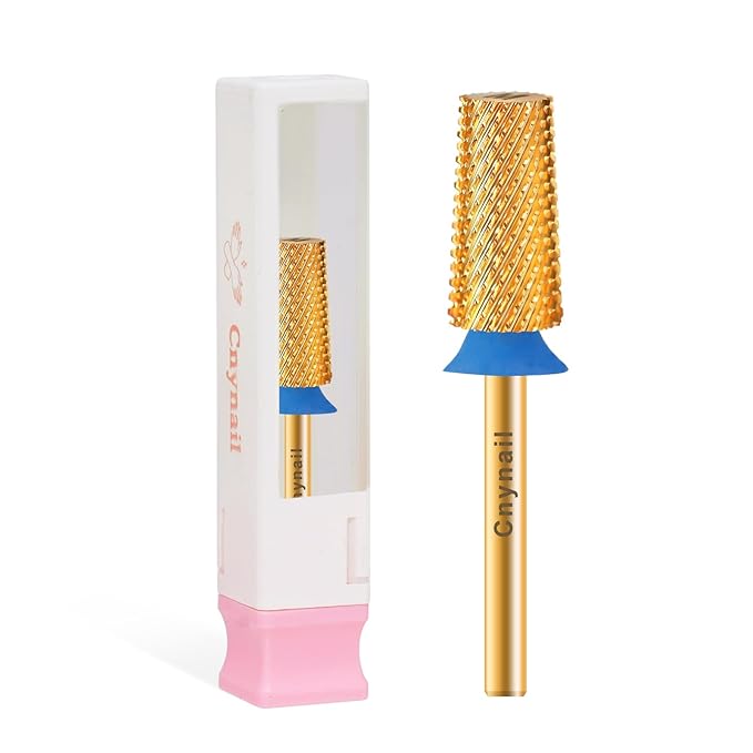 3/32" Large Tapered Barrel Flat Bit Tungsten Carbide Nail Drill Bit Safety Bit for Gel & Acrylic Removal, 2- Way Rotating Efile Tip, Salon Electric File Accessory (M Girt, Gold)