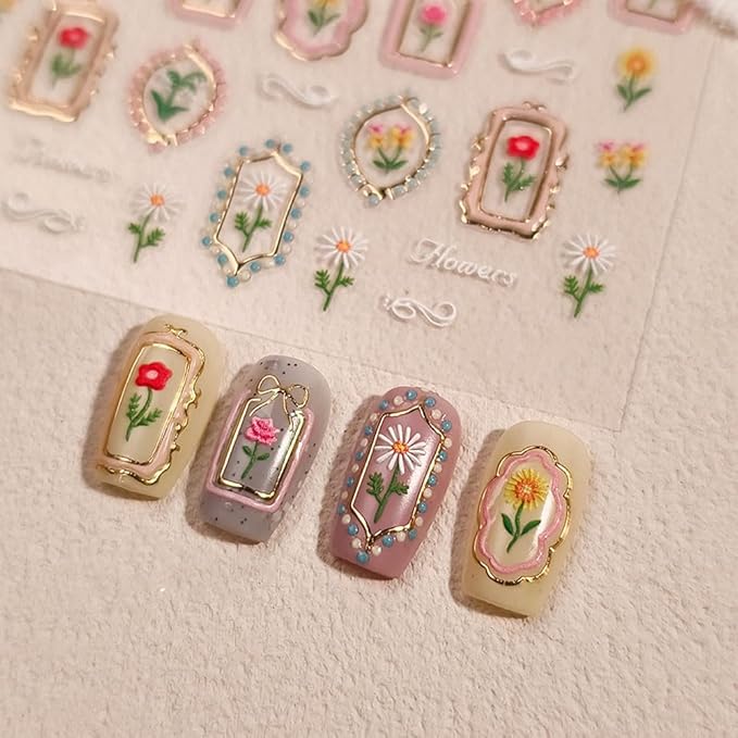 Tulip 5D Embossed Nail Art Stickers, Self-Adhesive Floral Design Decals with Golden Frames, Spring Summer Manicure Decorations for Women, 2 Pieces