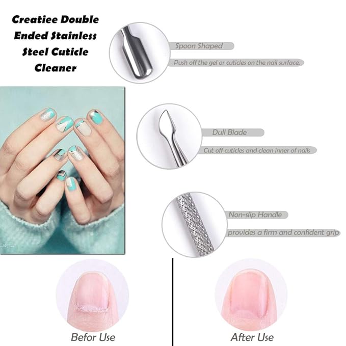 15Pcs Cuticle Pusher Remover and Cutter, Creatiee Double Ended Stainless Steel Cuticle Cleaner Nail Gel Polish Removal, Manicure Pedicure Nail Tools for Fingernails Toenails - Professional & Durable