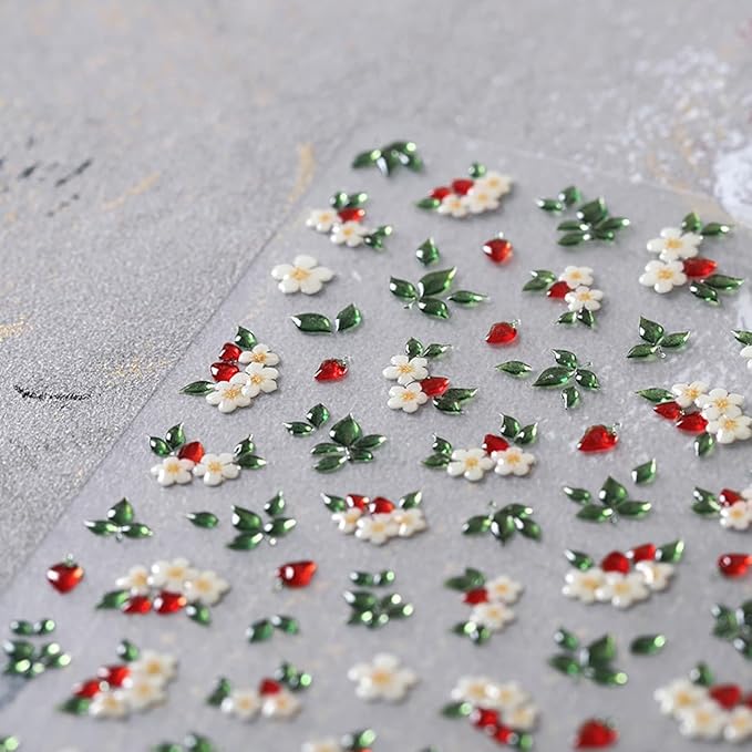 1 Sheets White Flower Nail Stickers for Nail Art Spring Flowers Nail Art Stickers 5d Embossed Floral Nail Decals Self-Adhesive Green Leaf Nail Designs Supplies for Women Girls Manicure Decor