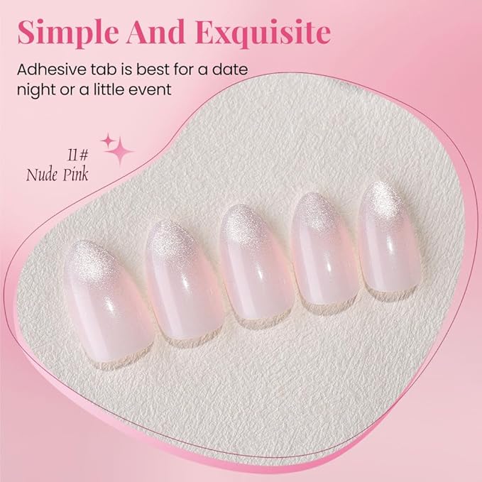 Cat Eye Press on Nails Short Almond - Nude Pink Shimmer Glossy French Tip Press on Nails for Gift, Soft Gel Press Glue On Nail with Nail Glue, Supremely Fit Full Cover Reusable Acrylic Fake Nails Kit