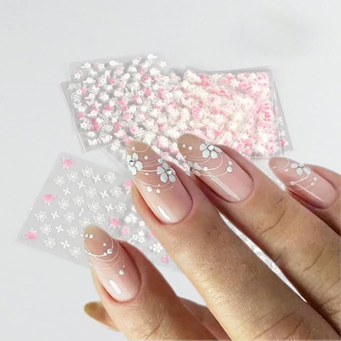 30 Sheets Flower Nail Art Stickers Pink White Flower Nail Stickers 3D Self Adhesive Cute Daisy Floral Nail Decals Nail Supplies Nail Art Design Decoration Accessories for Women Girls