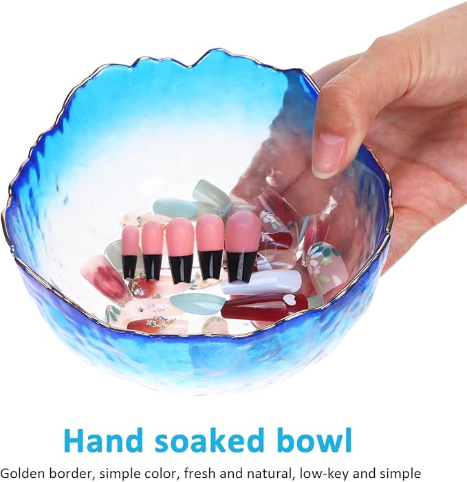 Glass Manicure Soaking Bowl Nail Soak off Bowl 9 Inch Pedicure Salon Bath Nail Remover for Fingernail Toenail Caring Polish Removal, Blue