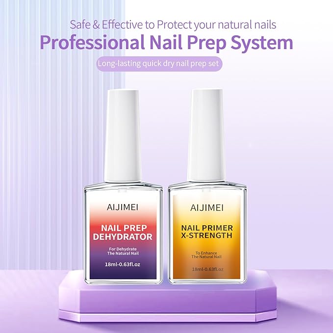 AIJIMEI 18ml Nail Prep Dehydrator And Nail Primer X-Strength Set For Acrylic Nail Products Nail Primer And Dehydrator Nail Bonding Nails（18ml/0.63fl.oz）