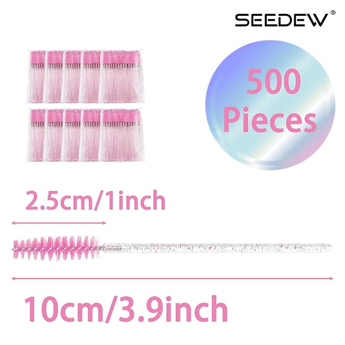 500 Pieces Eyelashes/Eyebrows Brushes, 10CM Lash Removal Cleaning Tools, Crystal Handle, Makeup Tools Mascara Wands(Simple Packaging)-(Crystal Pink)