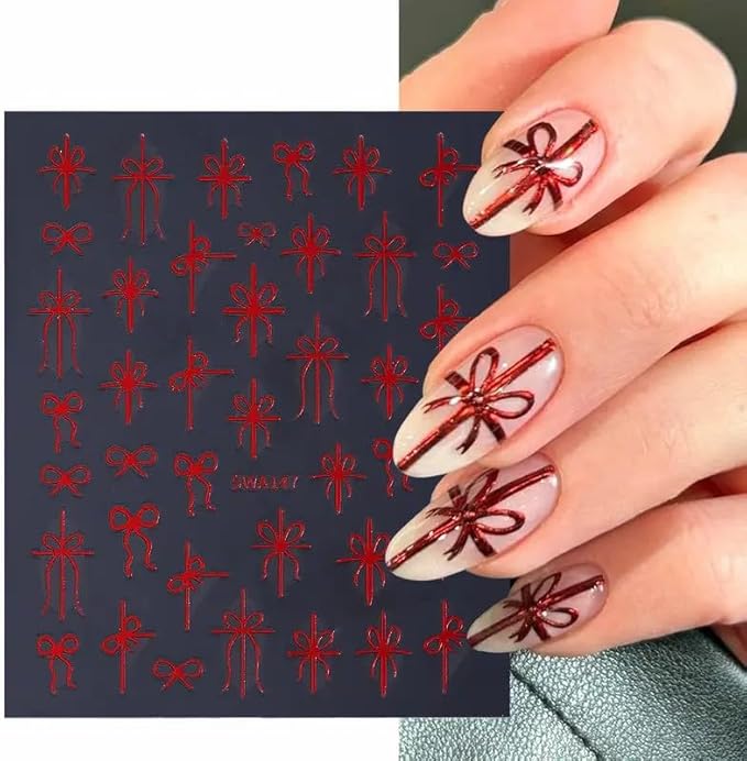 Christmas Nail Art Stickers Decals Christmas Gift Bow Nail Decals 6PCS Golden Green Red Ribbon 3D Self-Adhesive Nail Designs Holiday Nail Stickers Manicure Supply for Women DIY Nail Art Decorations