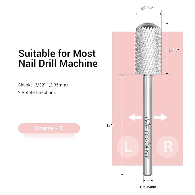 MelodySusie Safety Nail Drill Bits, 3/32'' Smooth Round Top Large Barrel Carbide Bits, Suitable for Manicure Pedicure Cuticle Gel Polishing, Beginners Bits, Silver, Series Bit-S, Coarse