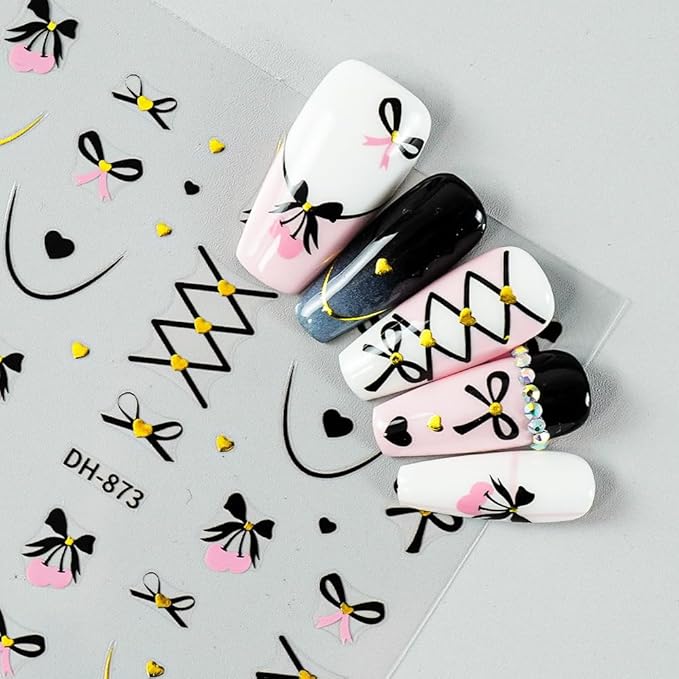Bow Heart Nail Stickers Christmas Nail Art Stickers Holiday Pink Hearts Curve Line Nail Decals Valentines DIY Nails Design Sticker Xmas French Nail Decoration for Women Manicure Accessories 5Pcs