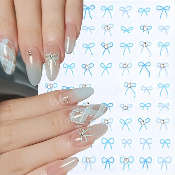 4 Sheets Bow Nail Stickers for Nail Art 5D Self-Adhesive Bow-Knot Nail Decoration Pink Blue Bows Nail Art Stickers with Crystal Diamond Embossed Rhinestones Nail Decals for Women Girls Nail Design